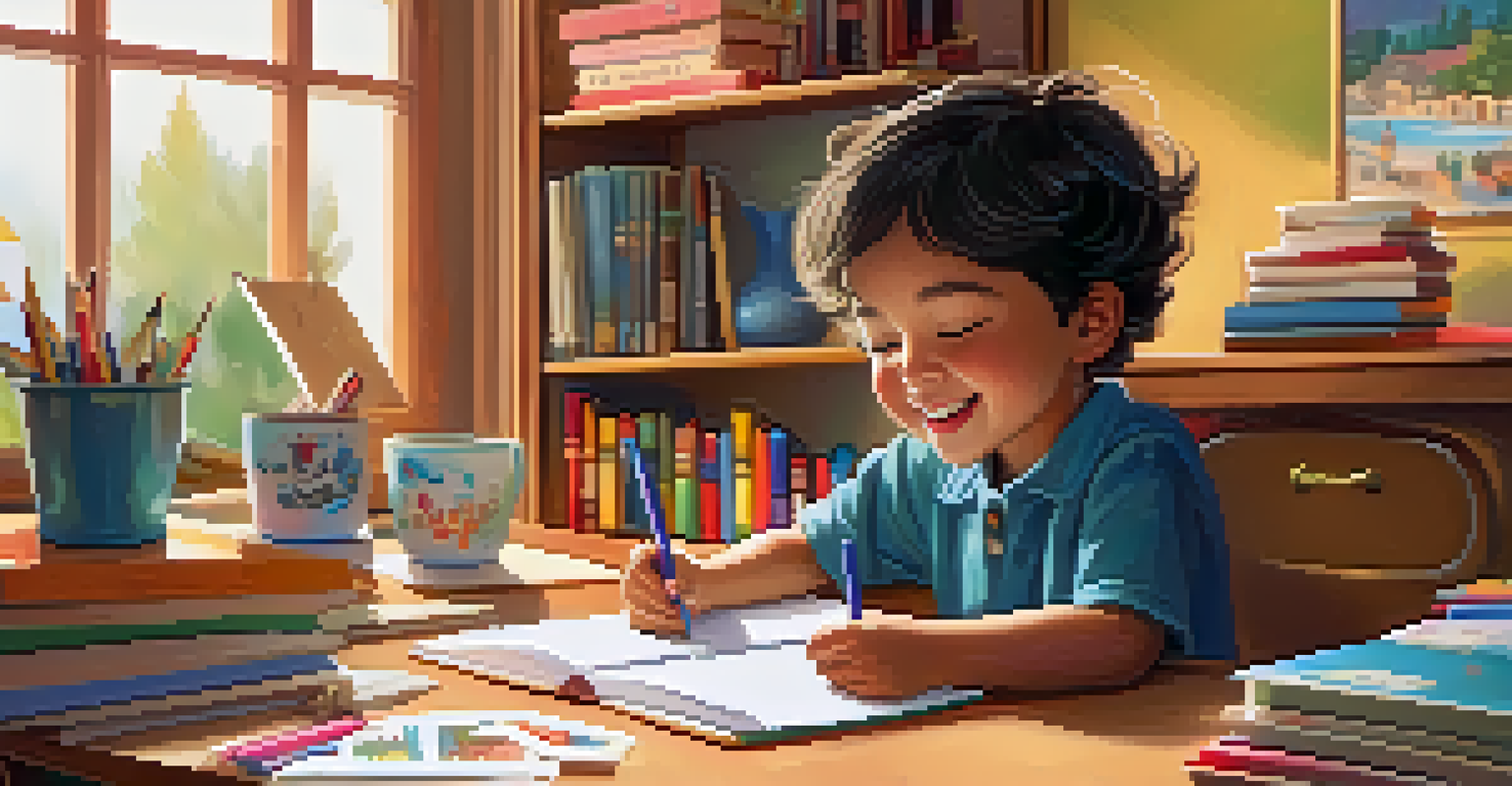 A child enjoying studying vocabulary with colorful flashcards on a cluttered study desk, surrounded by a cozy room filled with books.
