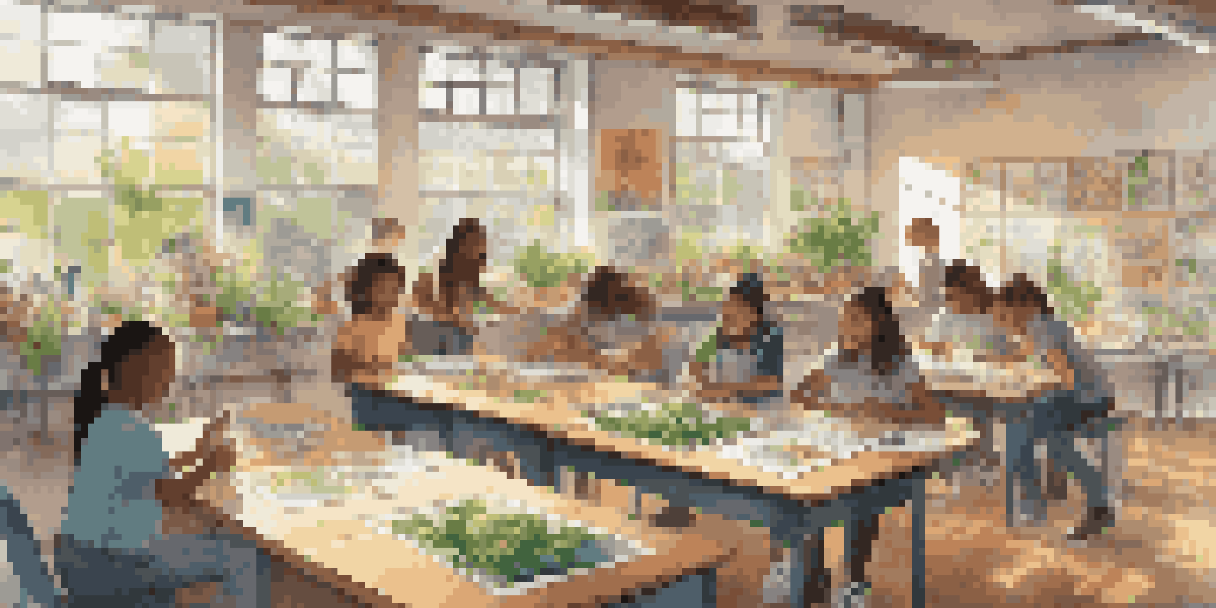 A classroom with students working on a sustainability project, surrounded by colorful educational posters and plants, illuminated by sunlight.