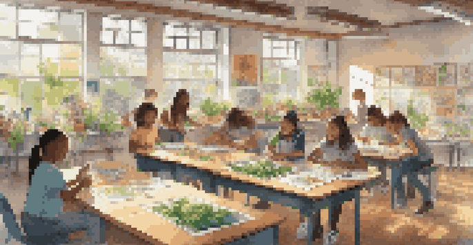 A classroom with students working on a sustainability project, surrounded by colorful educational posters and plants, illuminated by sunlight.