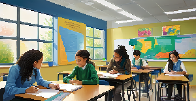 A vibrant classroom with students collaborating in groups, discussing projects and a teacher assisting them, showcasing a flipped classroom model.