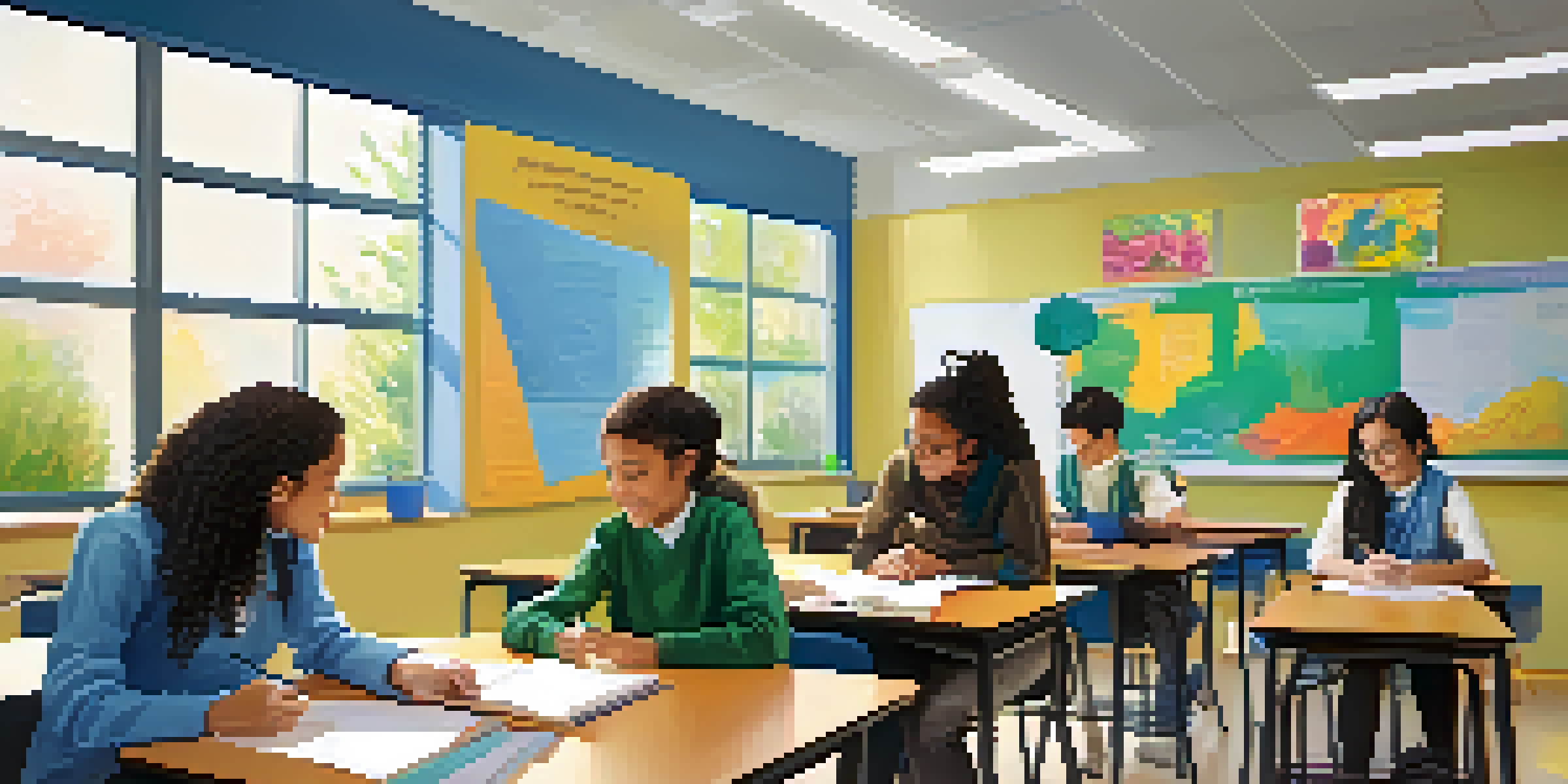 A vibrant classroom with students collaborating in groups, discussing projects and a teacher assisting them, showcasing a flipped classroom model.