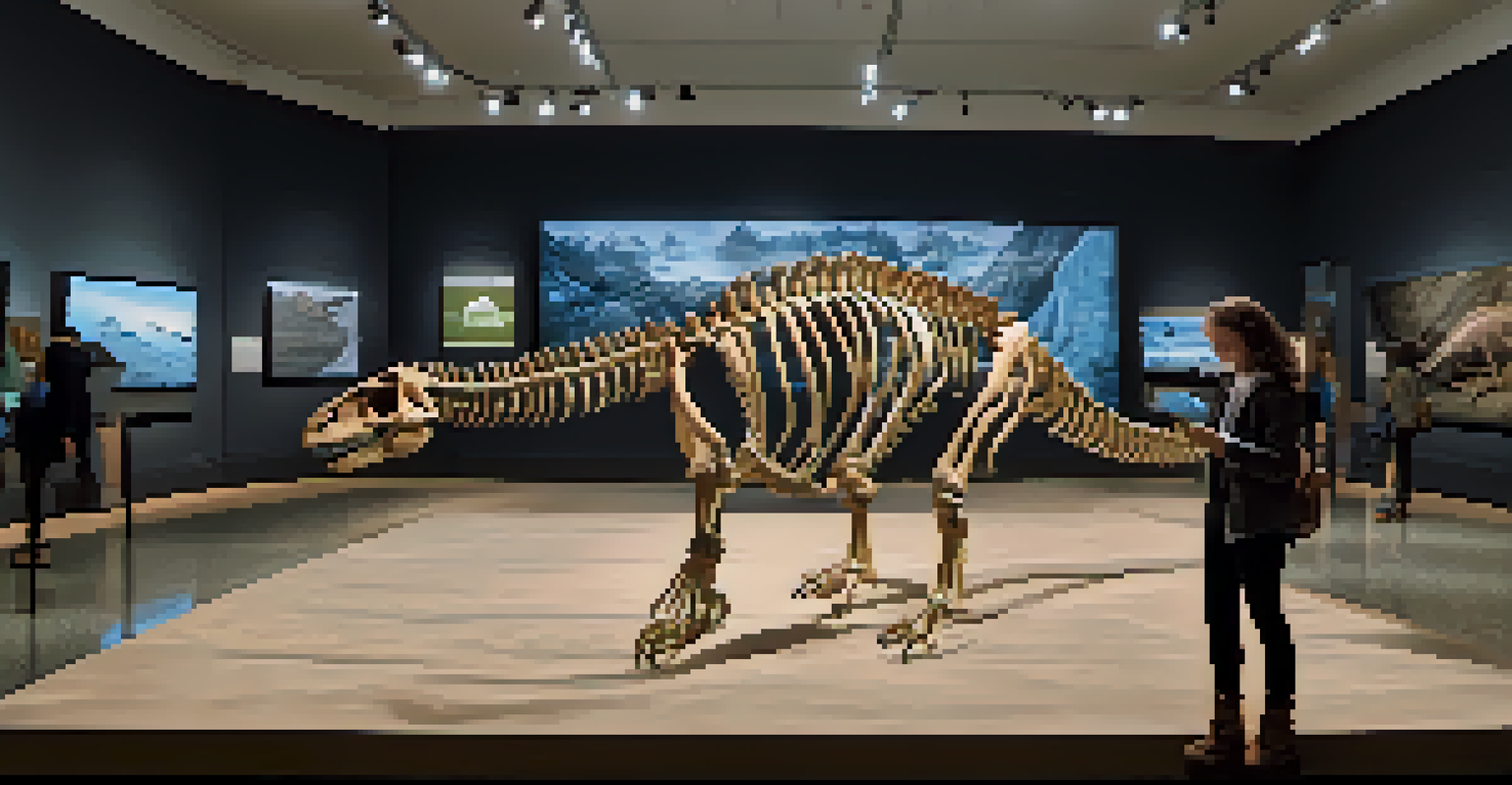 Visitors at a museum engaging with augmented reality content over a dinosaur skeleton exhibit, using smartphones to interact with the information.