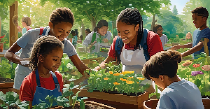 Students of diverse backgrounds planting seedlings in a vibrant outdoor classroom filled with a lush garden.