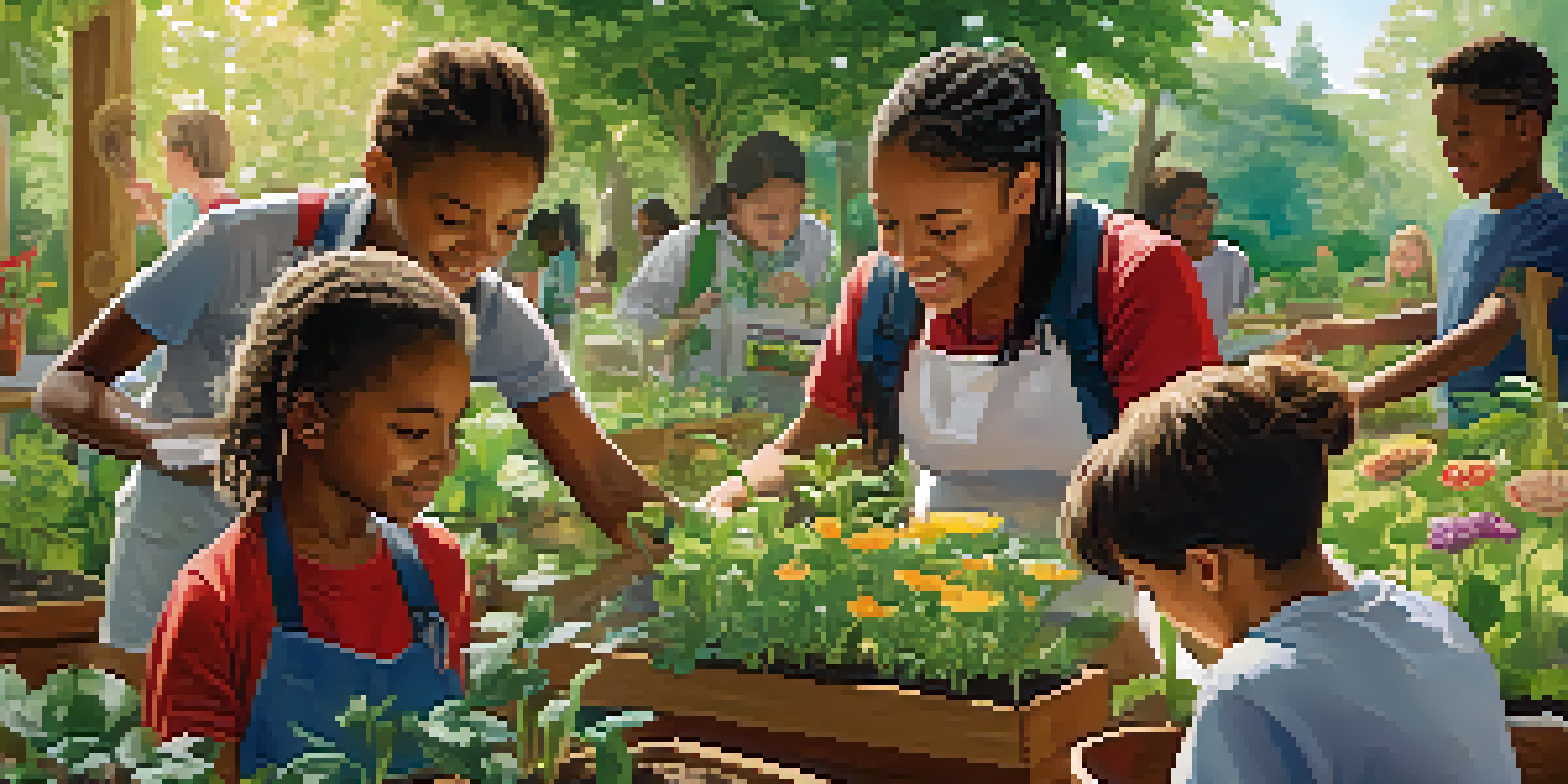 Students of diverse backgrounds planting seedlings in a vibrant outdoor classroom filled with a lush garden.