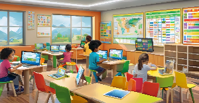 A vibrant classroom scene showing children engaged in coding activities with tablets and building blocks, bright educational posters on the walls, and natural light streaming in.