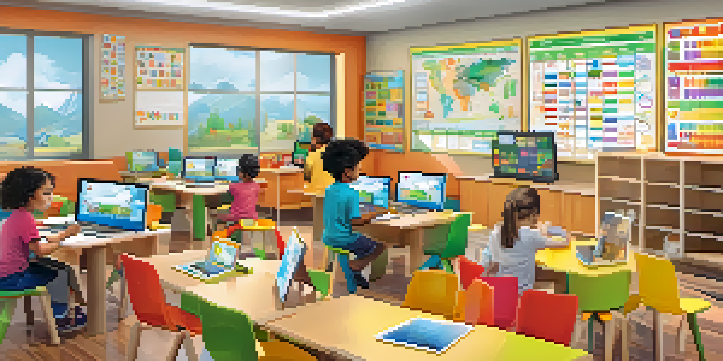 A vibrant classroom scene showing children engaged in coding activities with tablets and building blocks, bright educational posters on the walls, and natural light streaming in.
