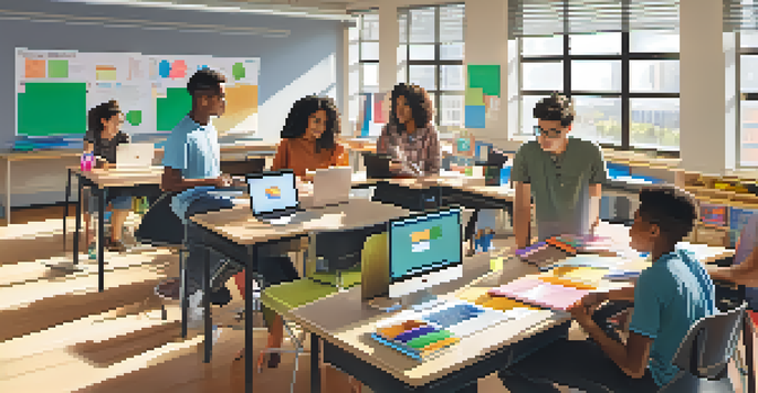 A diverse group of students working together on a project in a bright classroom, surrounded by educational posters and colorful stationery.