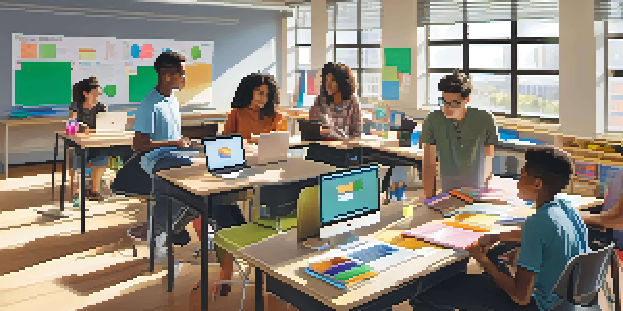 A diverse group of students working together on a project in a bright classroom, surrounded by educational posters and colorful stationery.