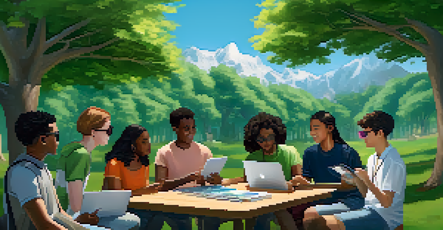 Diverse students working together on a tablet displaying a VR ethics project outdoors, surrounded by trees and a clear sky.