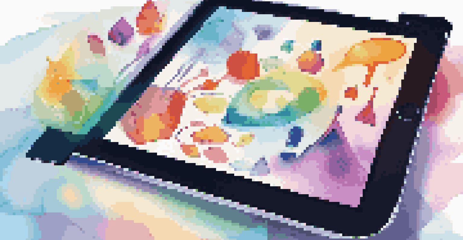A tablet displaying colorful microlearning modules against an abstract, vibrant background representing creativity.