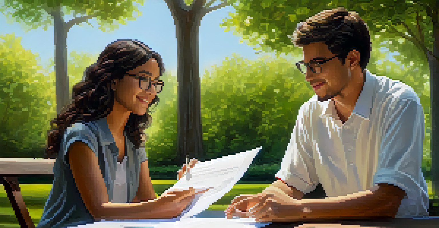 A mentor giving feedback to a mentee in a peaceful outdoor park, surrounded by greenery and soft sunlight.
