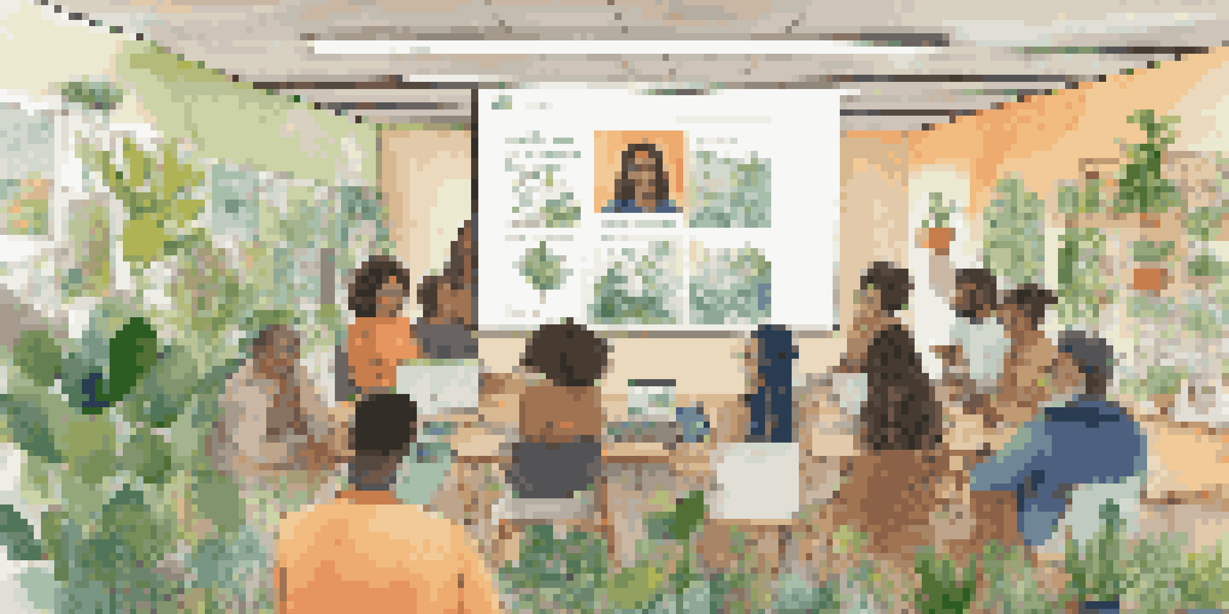 A diverse group of individuals engaging in an online forum about environmental activism, with a computer screen showing a chat interface and plants in the background.