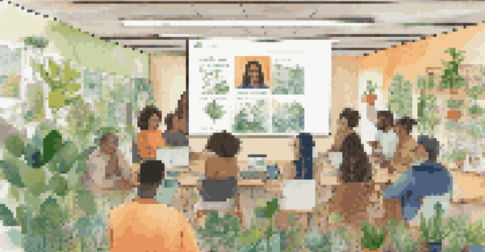 A diverse group of individuals engaging in an online forum about environmental activism, with a computer screen showing a chat interface and plants in the background.