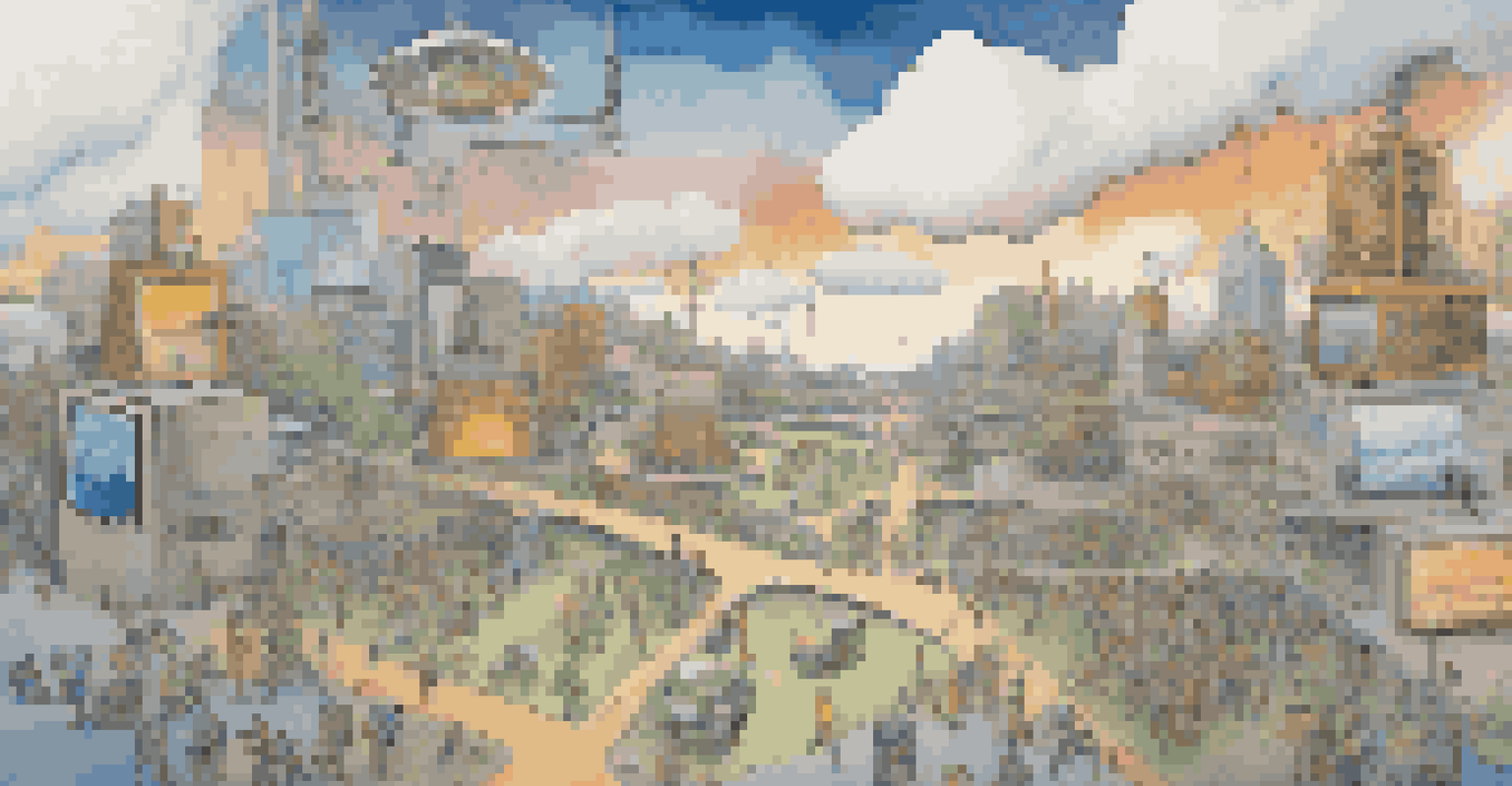 A digital landscape showing diverse people using devices with a shield symbol for privacy, and pathways connecting communities, under a bright sky.