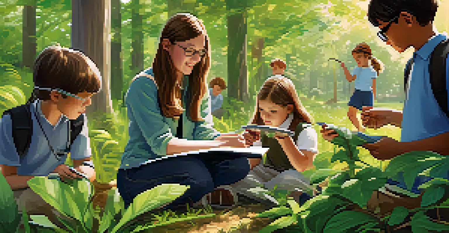 Students exploring nature outdoors, examining plants and insects with magnifying glasses, guided by a teacher in a bright, green environment.