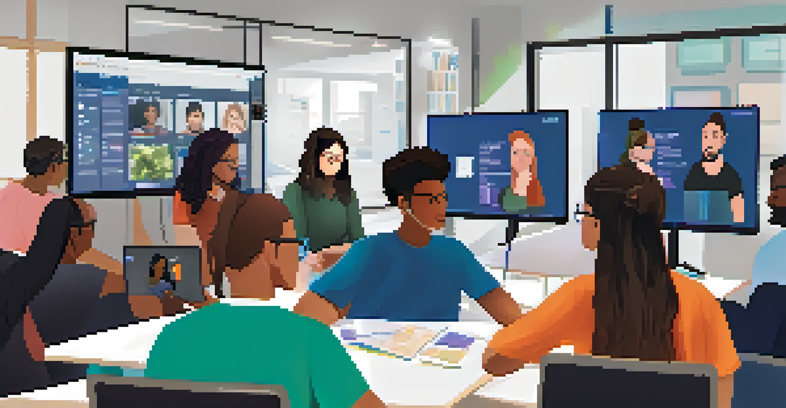 Students from diverse backgrounds collaborating on a STEM project through a video conference, with a split-screen view showing their discussions and shared materials.