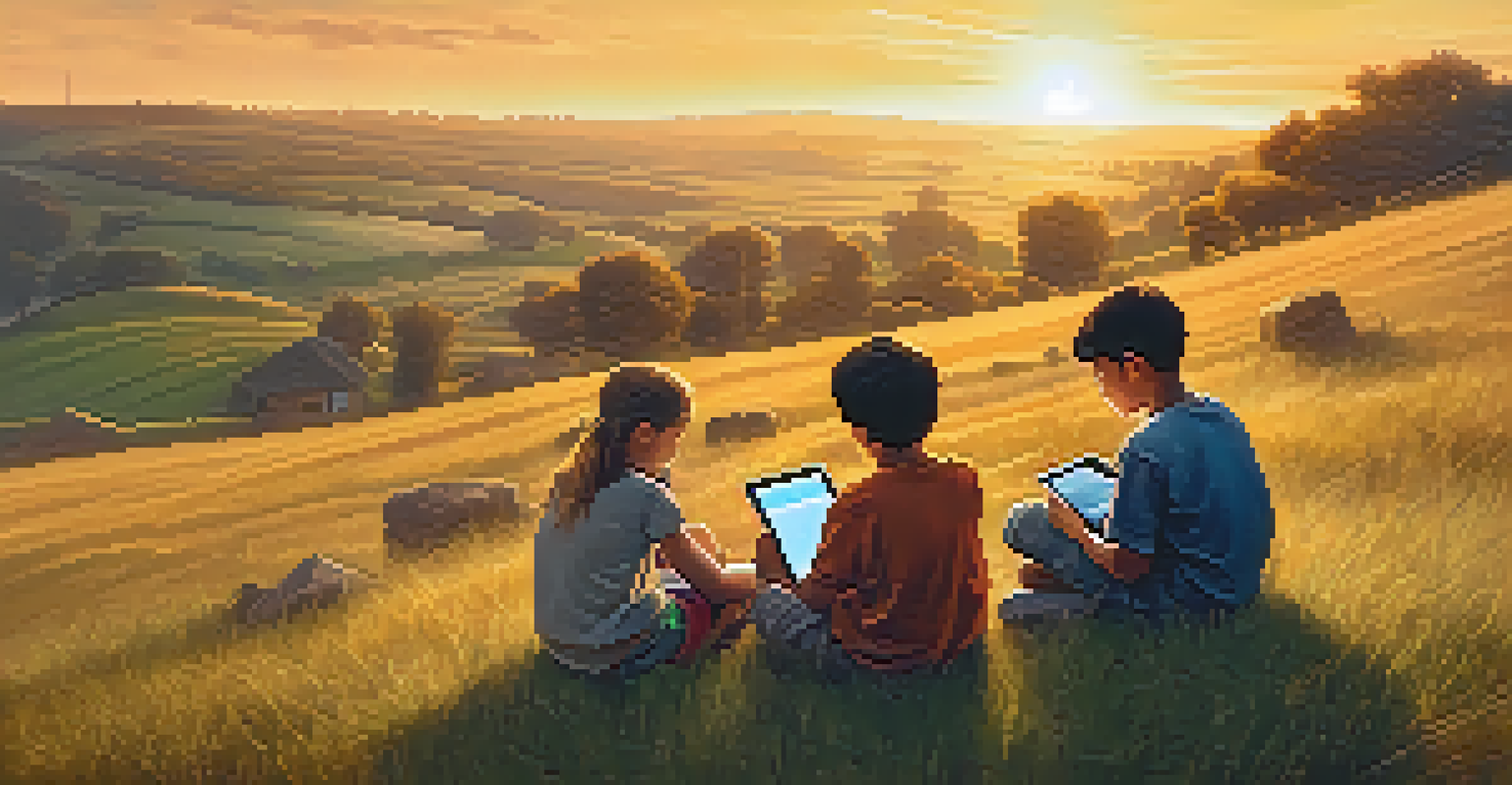 Children on a grassy hill in a rural setting, each holding a tablet, with a beautiful sunset in the background representing the access to education through mobile devices.