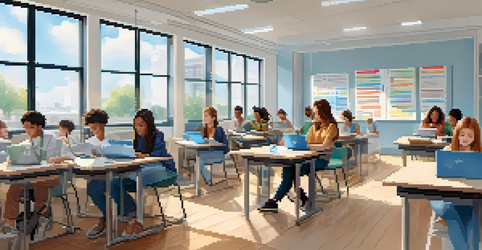 A bright and modern digital classroom with diverse learners using laptops and tablets, surrounded by educational posters.