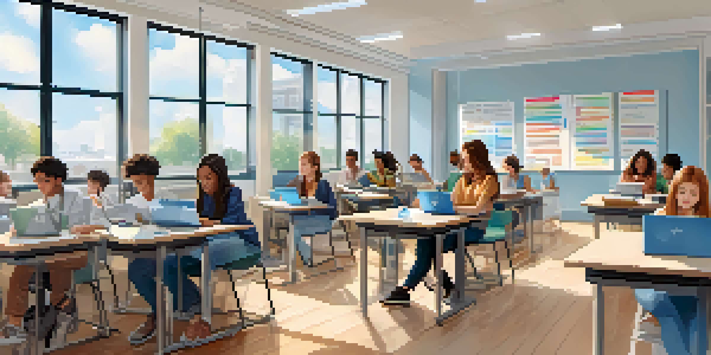 A bright and modern digital classroom with diverse learners using laptops and tablets, surrounded by educational posters.