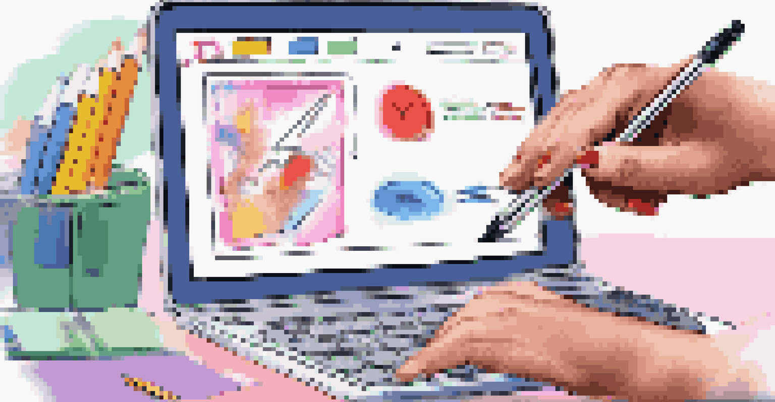 A close-up of a laptop screen showing an interactive quiz, with a hand using a stylus, and a notebook in the background.