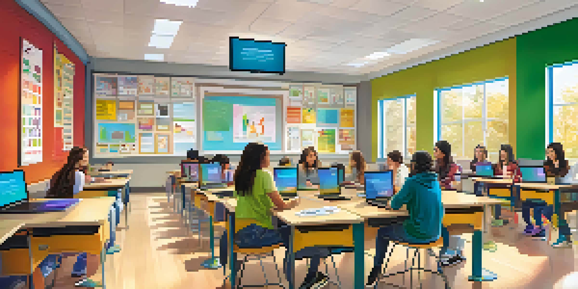 A digital classroom with students using laptops, a teacher interacting with them, and colorful educational posters on the walls.