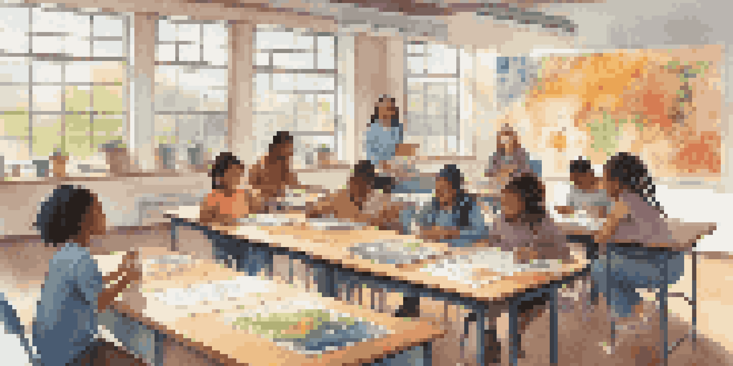 A classroom filled with diverse students collaborating on a project, surrounded by educational materials and bright light.