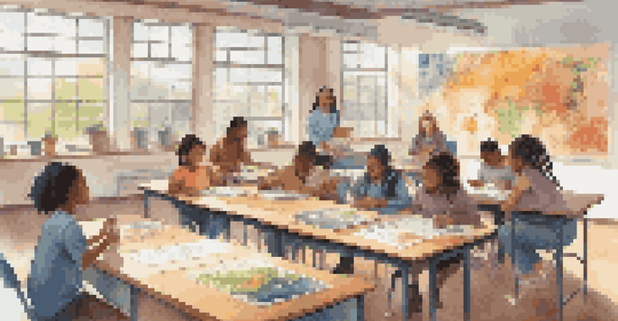 A classroom filled with diverse students collaborating on a project, surrounded by educational materials and bright light.