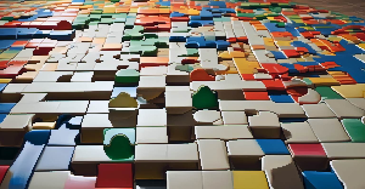 An artistic depiction of a narrative puzzle, with colorful pieces representing different contributors' ideas, set in a warmly lit environment.