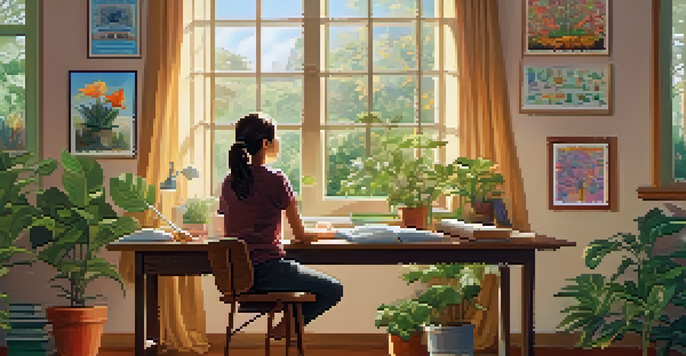 A teacher meditating at their desk in a bright and welcoming classroom filled with plants and educational posters.