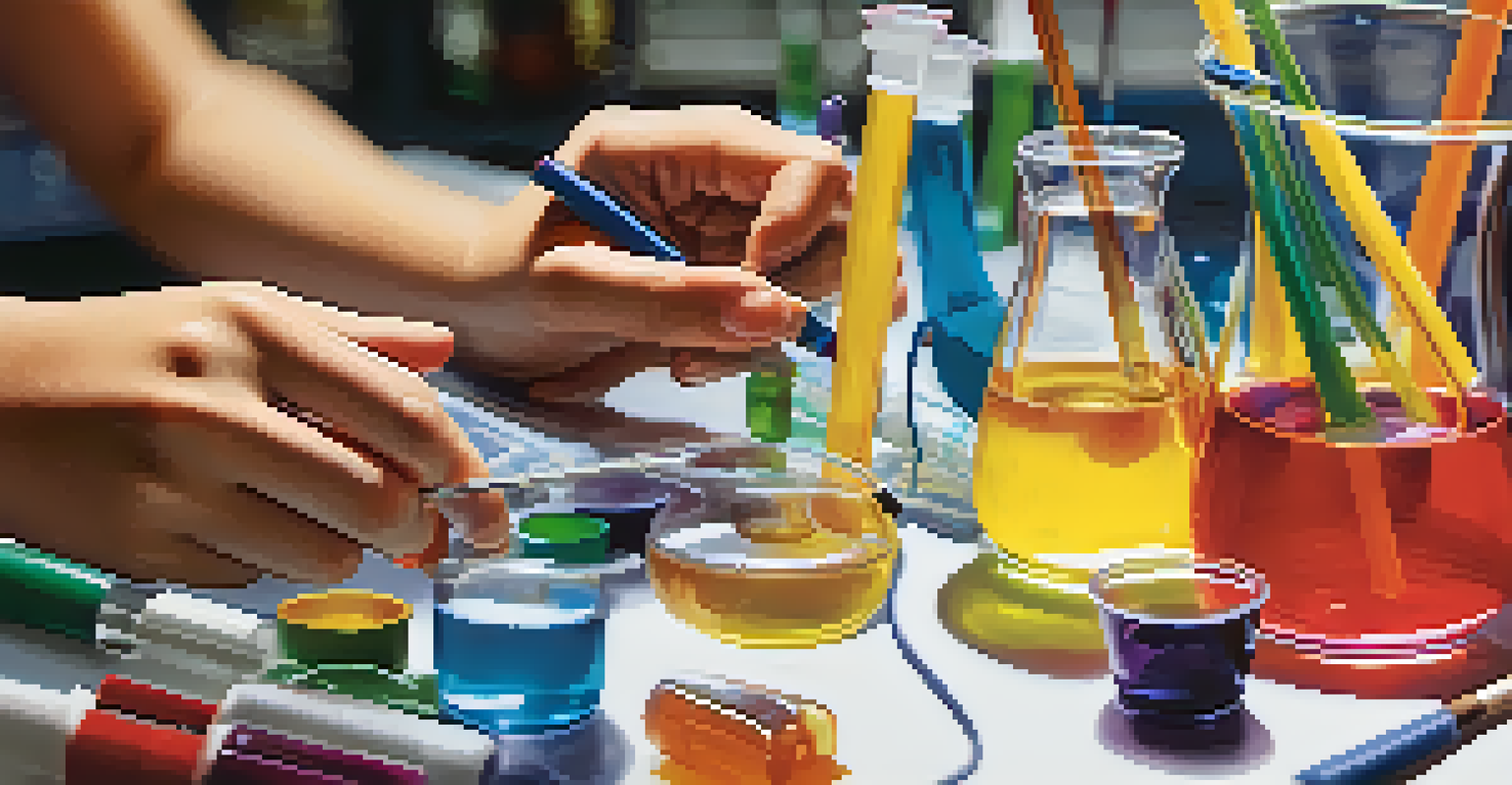 A student's hands carefully measuring liquids in a science lab, surrounded by colorful lab equipment and beakers.