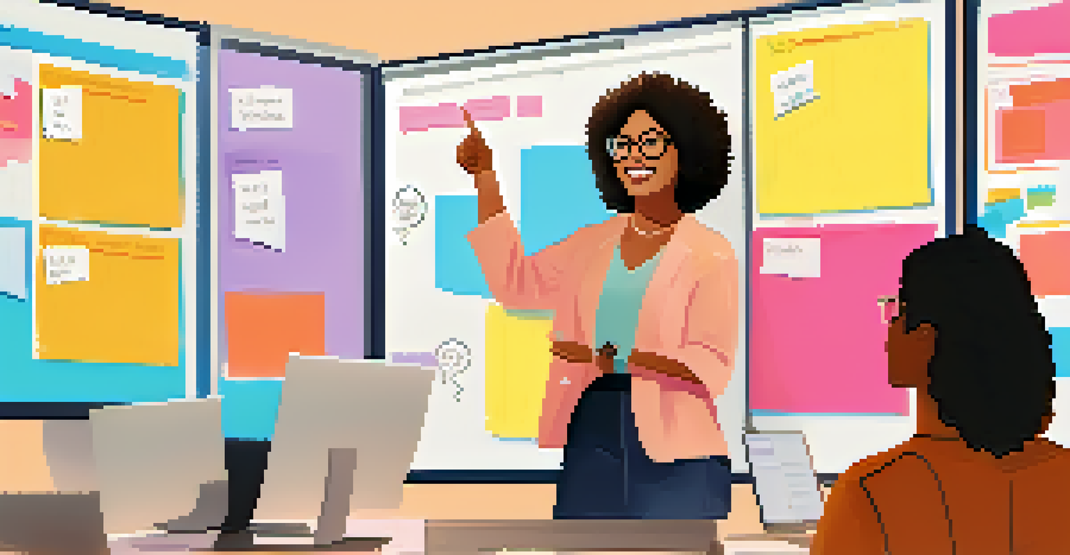 An online facilitator engaging with participants, using a digital whiteboard filled with ideas in a bright and modern setting.