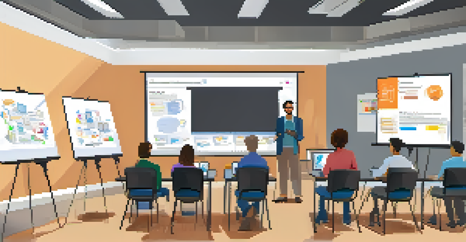 An educator conducting a workshop on digital tools with participants engaged in a training room filled with technology.