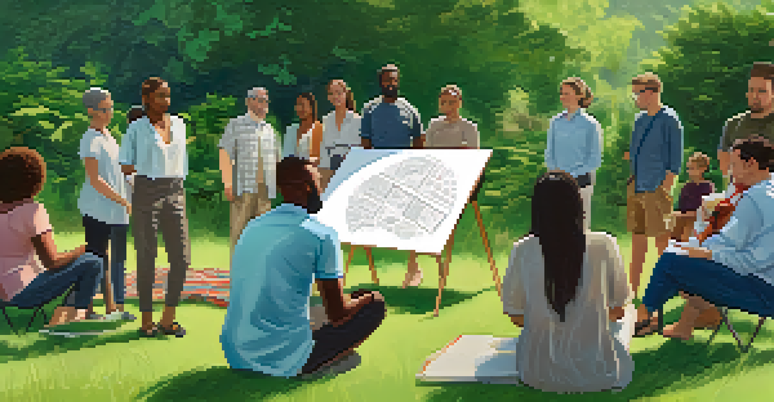 A diverse group of people participating in an outdoor sustainability workshop, seated on picnic blankets with a facilitator presenting.