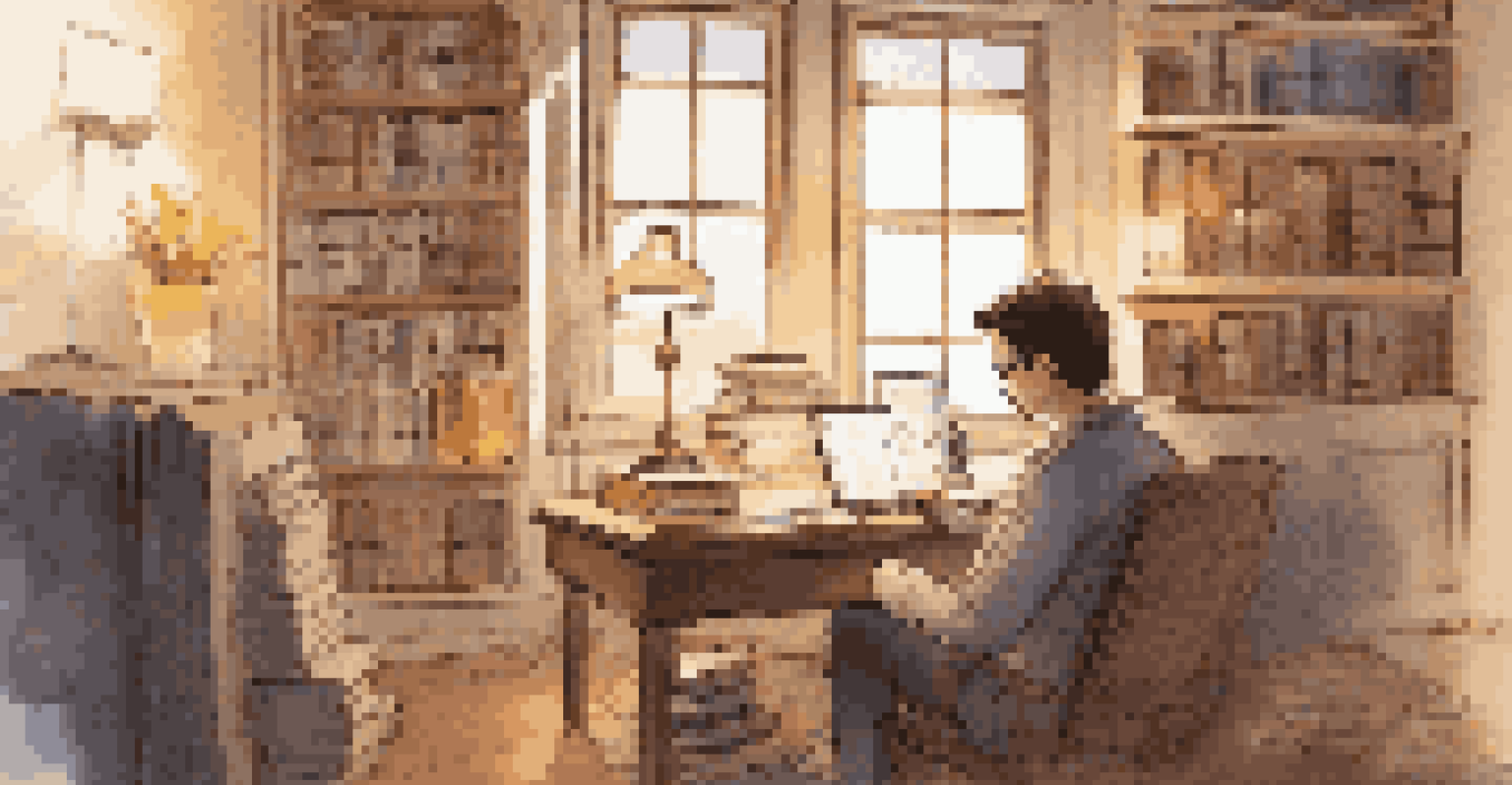 A person in a cozy study, reflecting on feedback while writing in a journal and looking at a digital portfolio on a tablet.