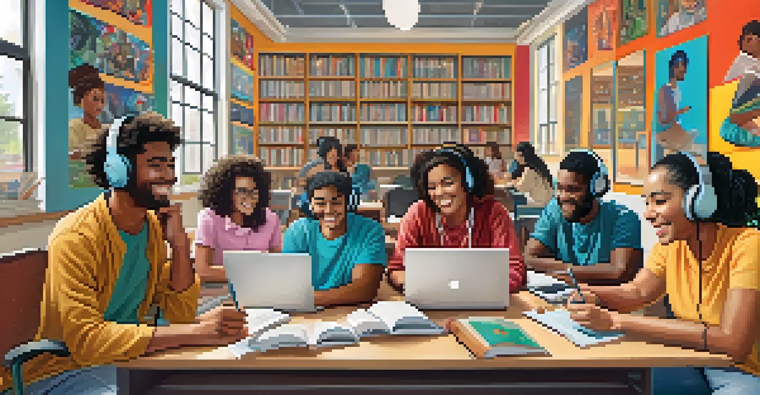 Diverse students enjoying a podcast together, taking notes in a colorful study area that promotes inclusivity.