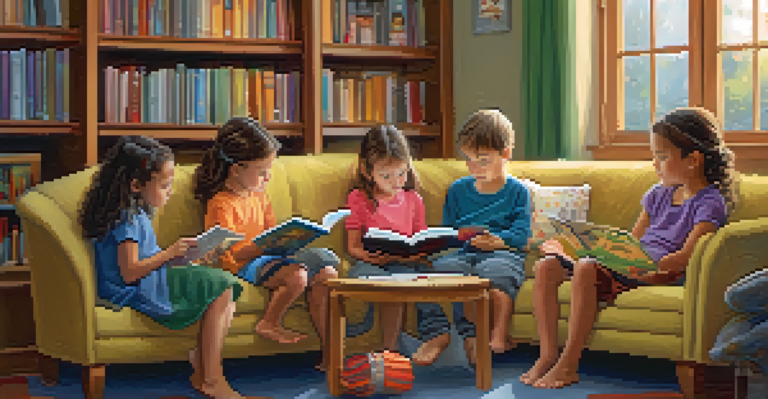 A teacher reading to children in a cozy reading nook filled with cushions and books, with warm lighting creating a welcoming ambiance.