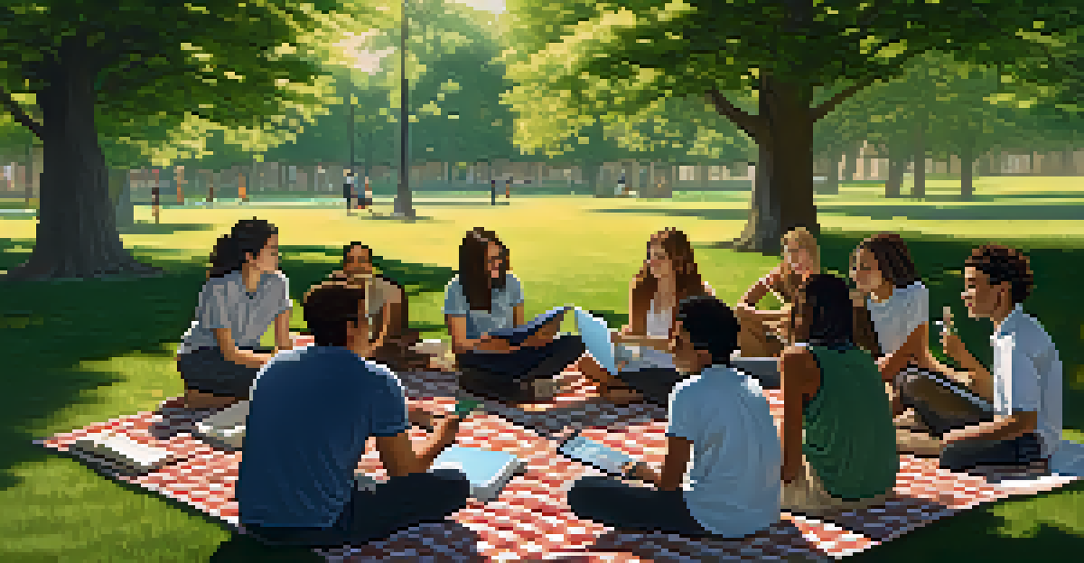 Students brainstorming together in an outdoor classroom, sitting on blankets with notebooks and devices, surrounded by nature.