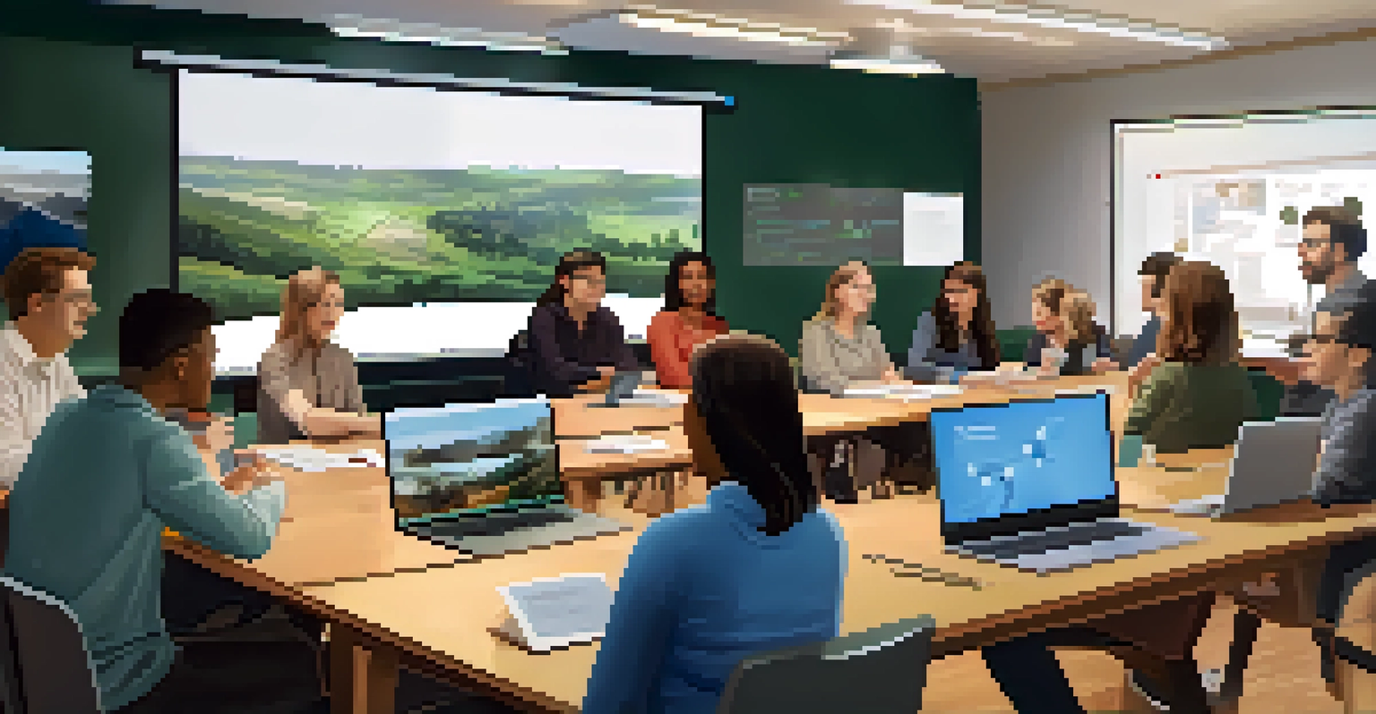 A collaborative workshop with teachers discussing AI in education, surrounded by laptops and a large screen.