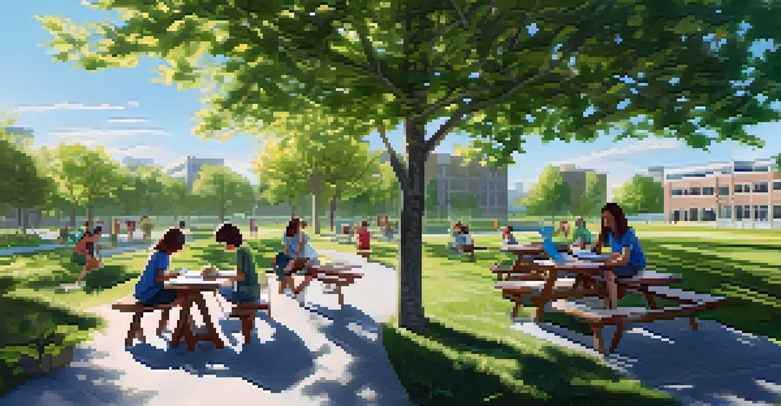 Students in a natural outdoor setting, engaged in learning and creating using tablets and sketch pads, surrounded by trees and a clear sky.