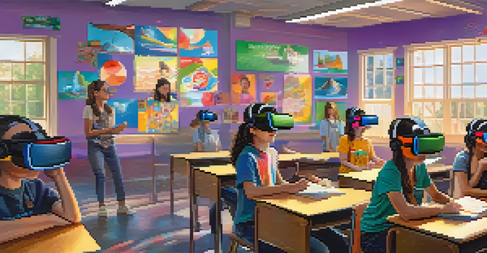A vibrant classroom with students engaged in virtual reality learning, showcasing expressions of wonder and a guiding teacher in the background.