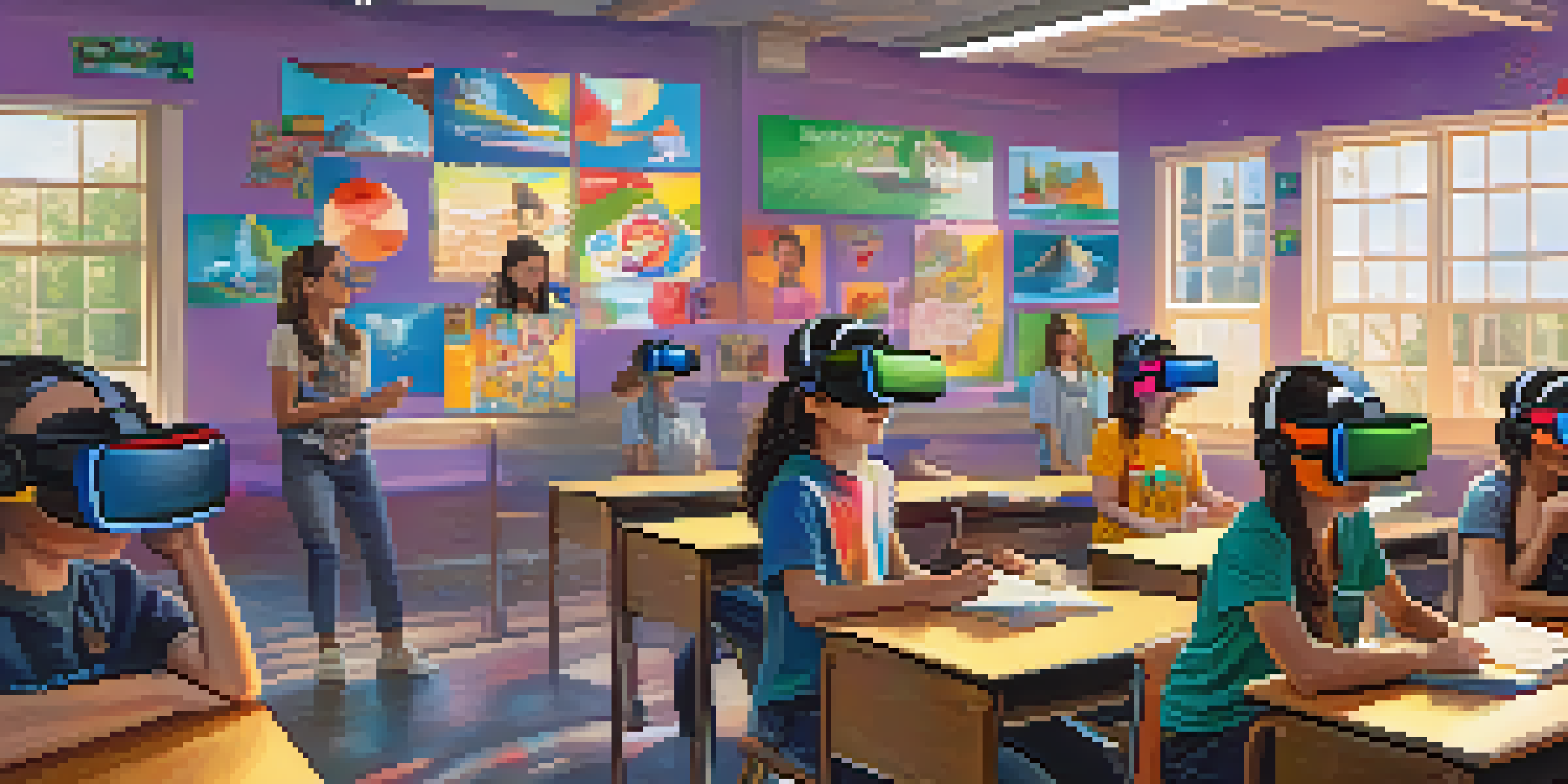 A vibrant classroom with students engaged in virtual reality learning, showcasing expressions of wonder and a guiding teacher in the background.