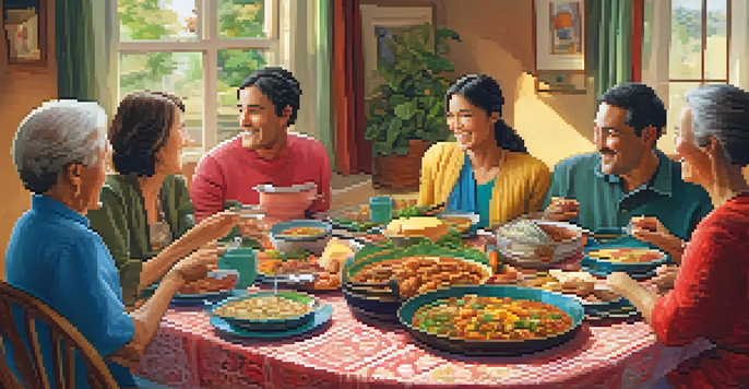 A diverse family enjoying a meal together at a table filled with cultural dishes.