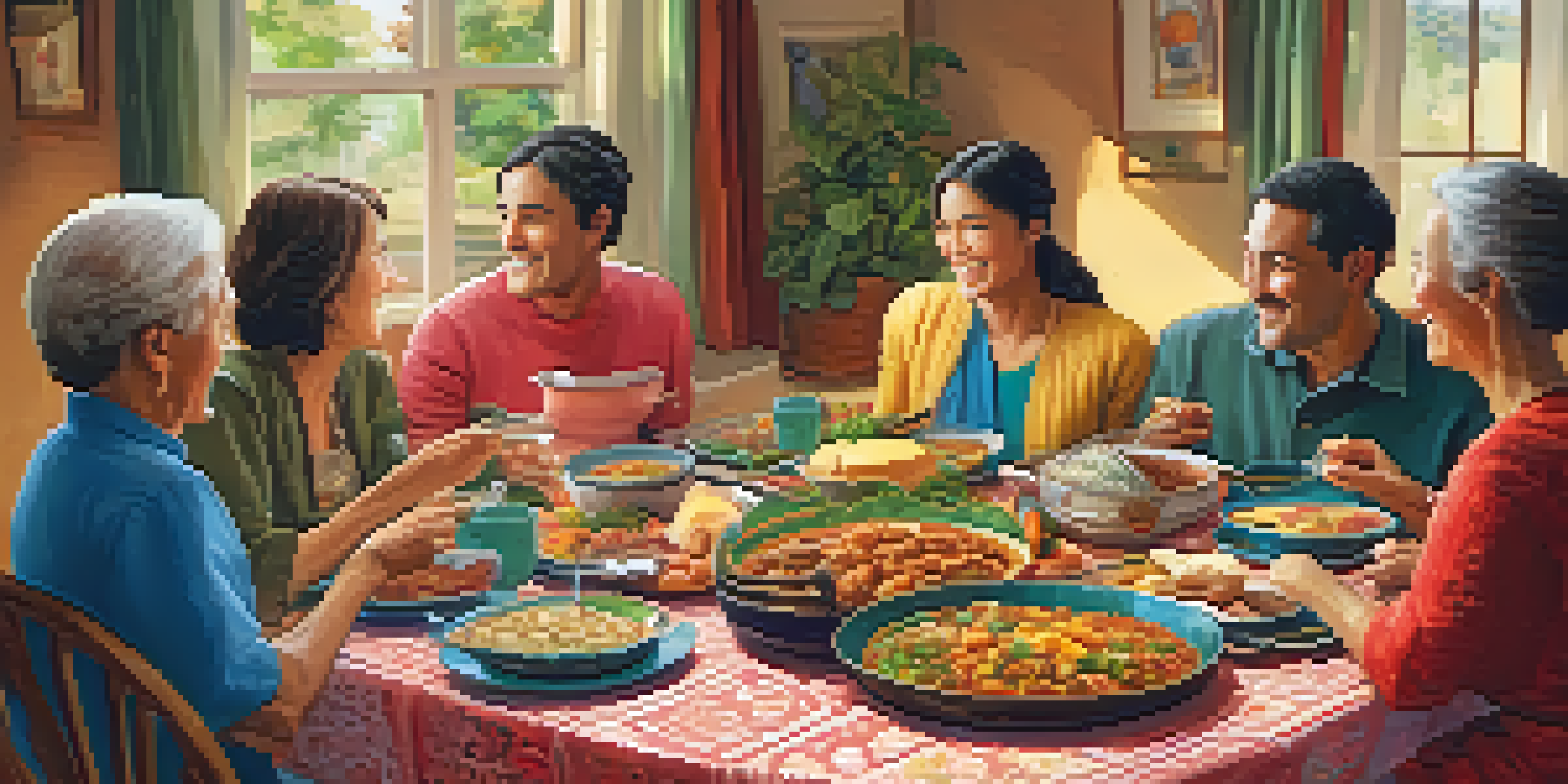 A diverse family enjoying a meal together at a table filled with cultural dishes.
