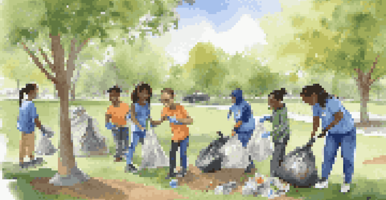 Students of various backgrounds working together in a park to clean up the environment, showcasing teamwork and community spirit.