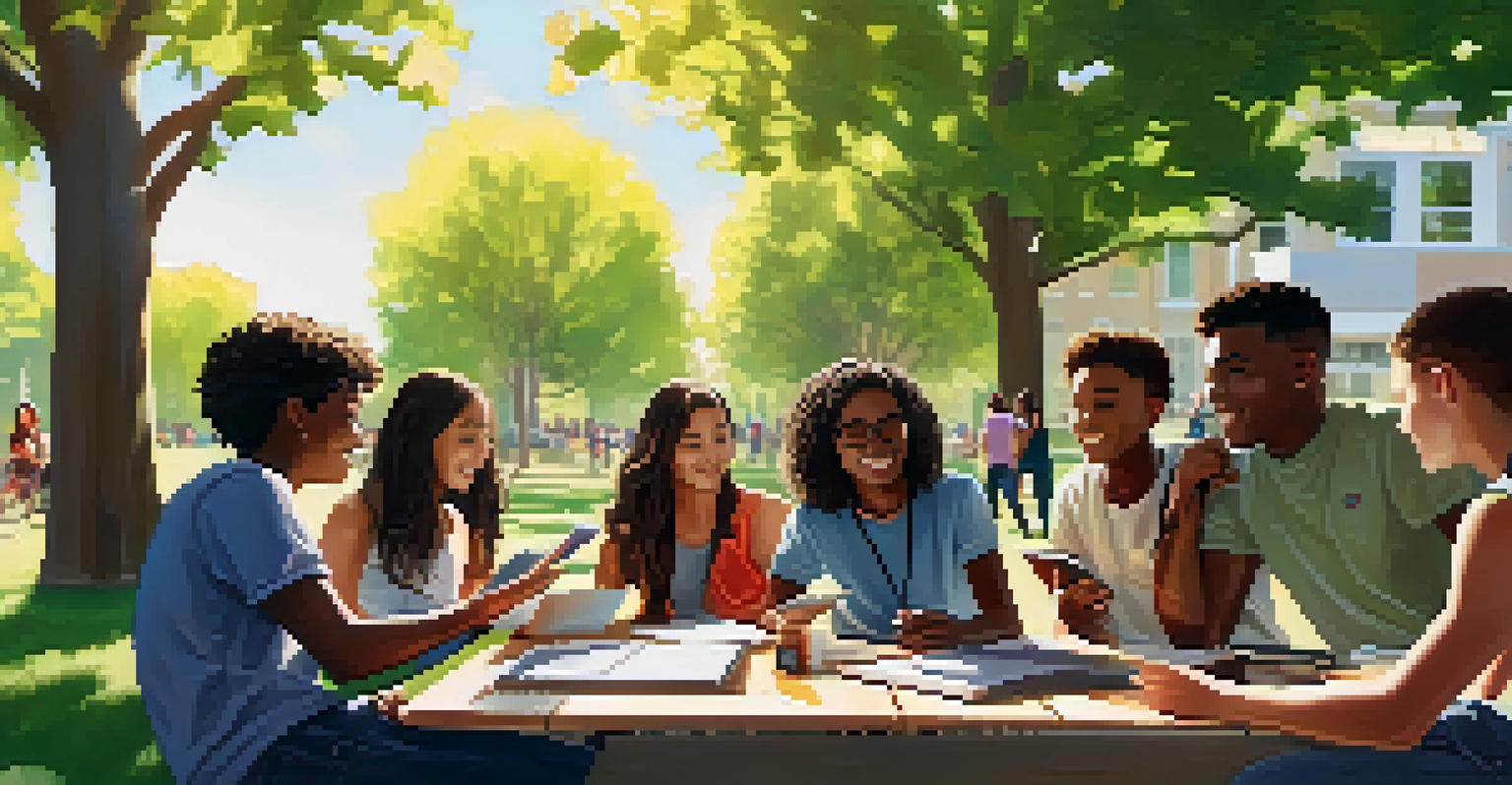A diverse group of students working together on mobile devices at a picnic table in a park.