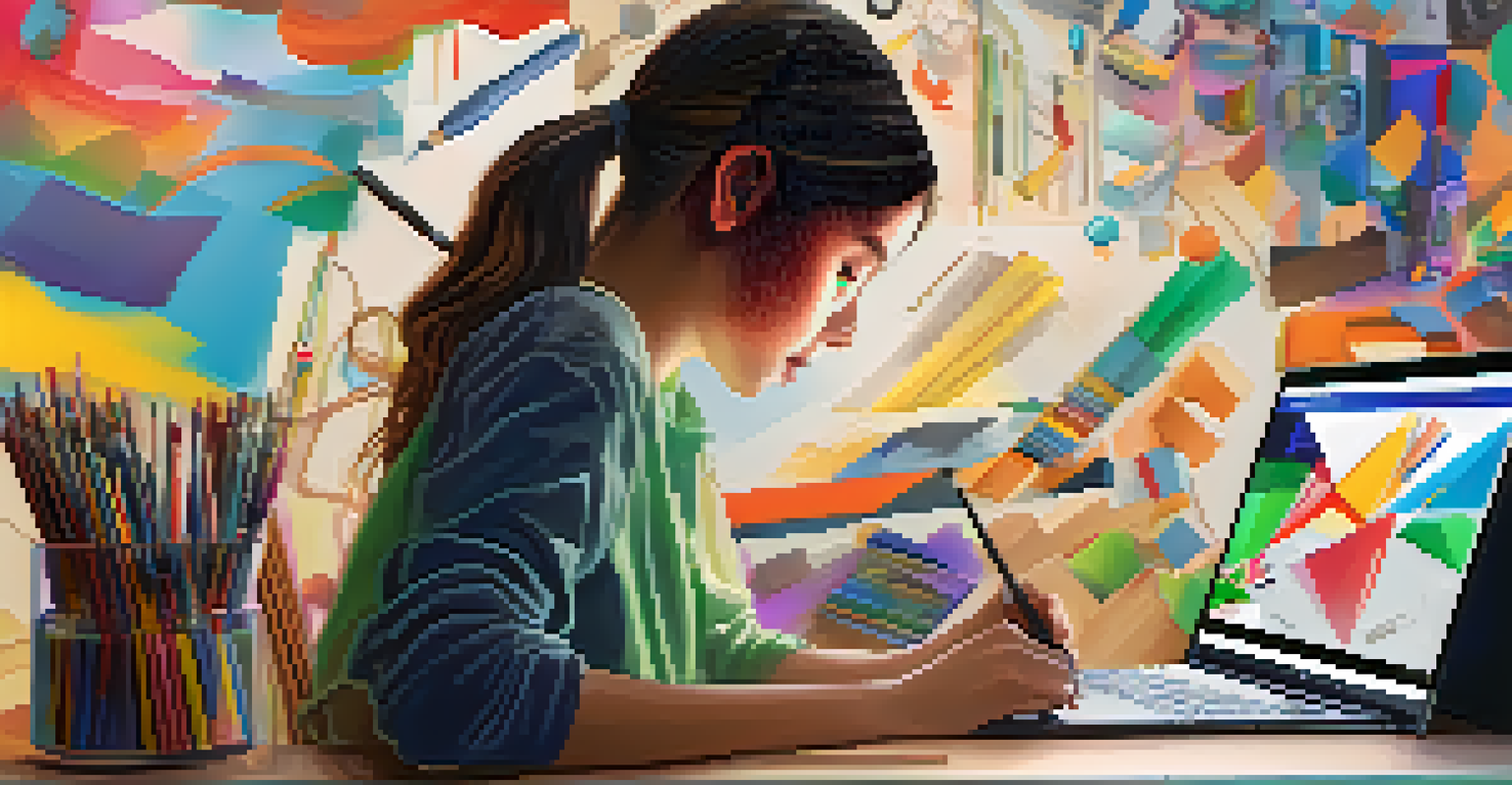 A student creating a multimedia presentation on a laptop, surrounded by colorful digital art tools and traditional art supplies.