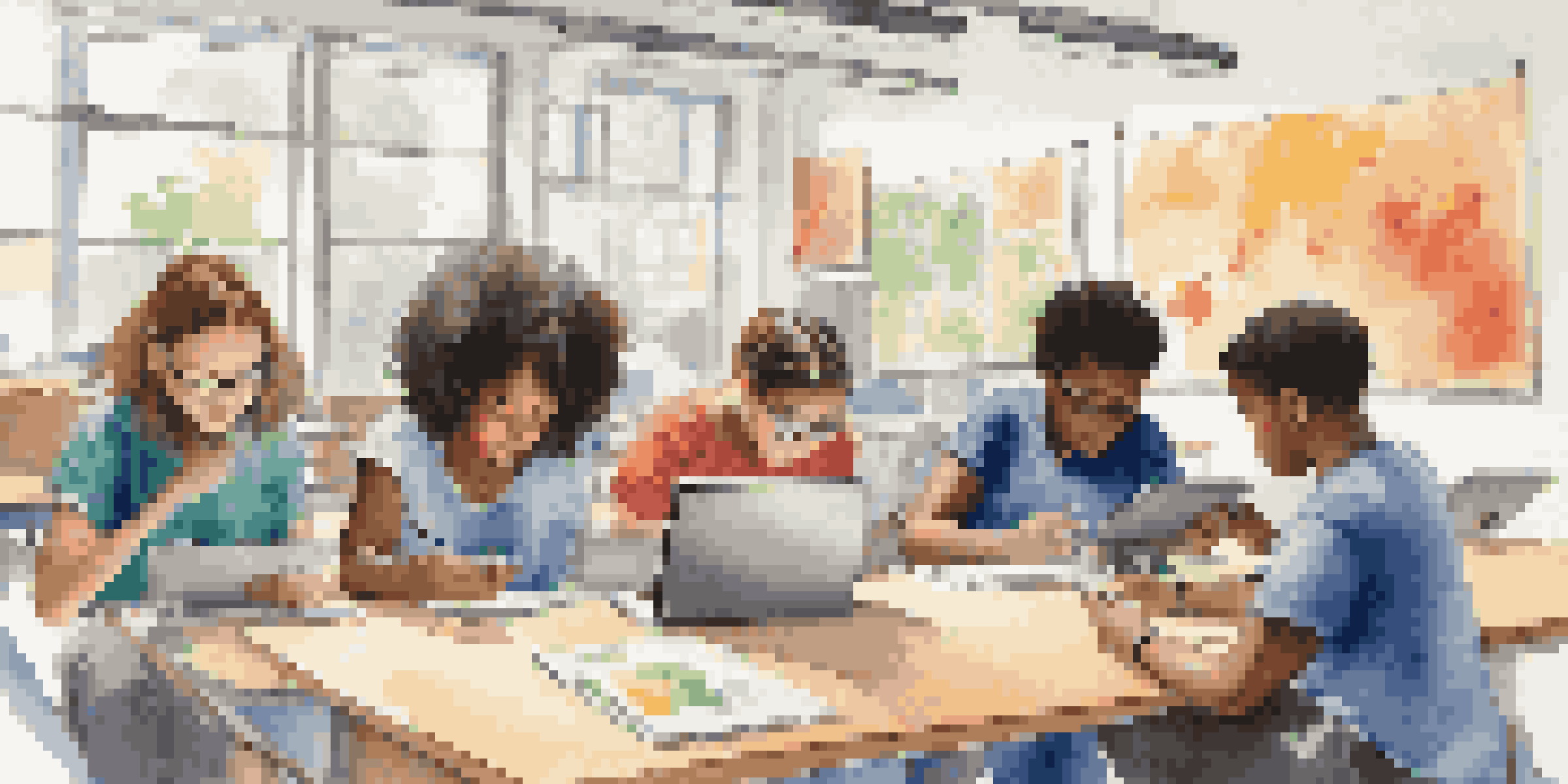 A diverse group of students working together in a bright classroom, using mobile devices for collaborative learning.