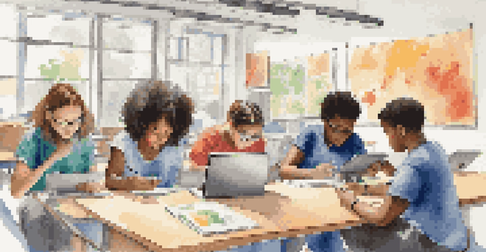 A diverse group of students working together in a bright classroom, using mobile devices for collaborative learning.