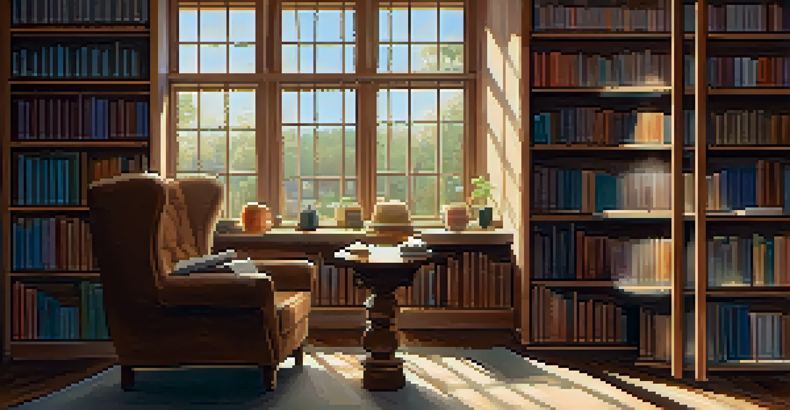 A peaceful library setting with bookshelves, a reading nook, and a student studying at a table, bathed in warm sunlight.