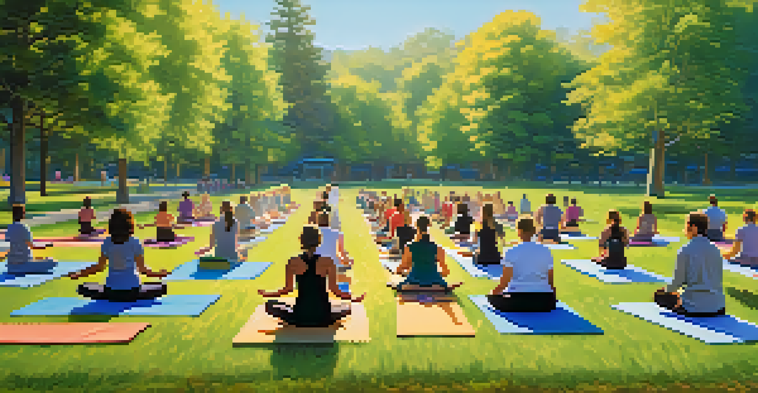 Teachers participating in a group yoga session on a sunny field, promoting wellness and self-care.